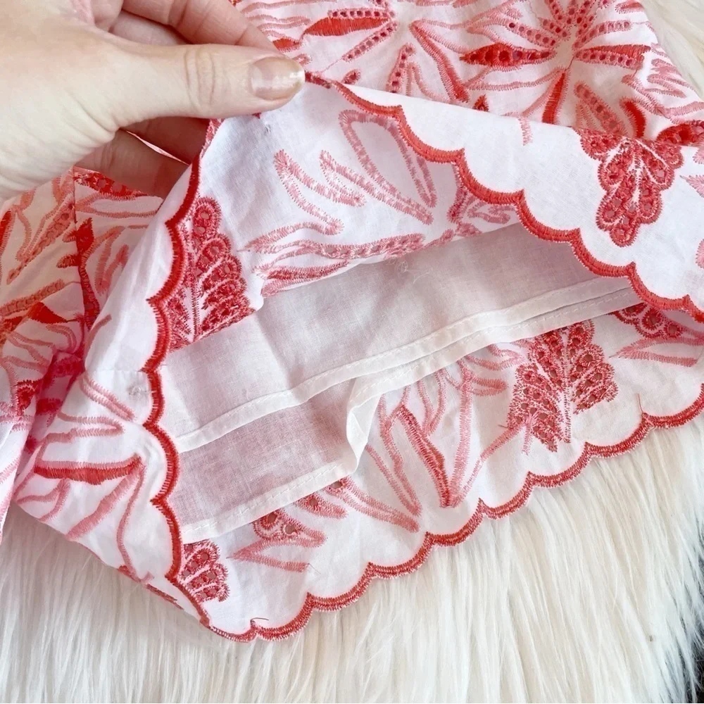 New White and Coral Maia 100% Cotton Embroidered High Waist Shorts